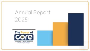 Text stating "2025 Annual Report" with a color logo that reads "The POWER of CORE" and three vertical bars that ascend in size from light blue, to yellow, to navy blue. 